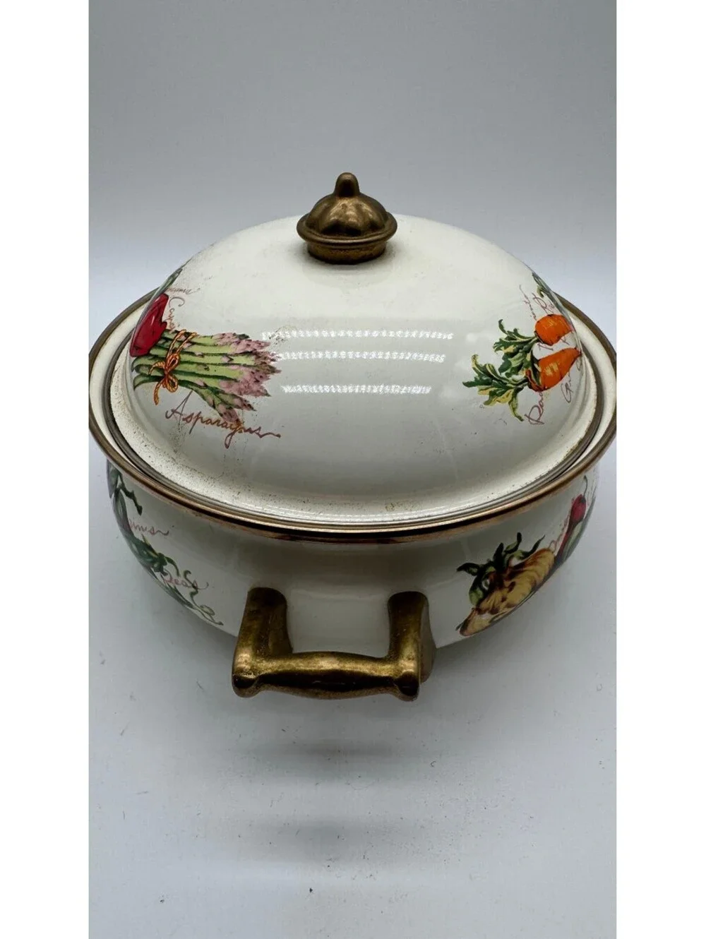 Vintage Ceramic Covered Casserole Tureen Vegetable Design Brass Tone Handles